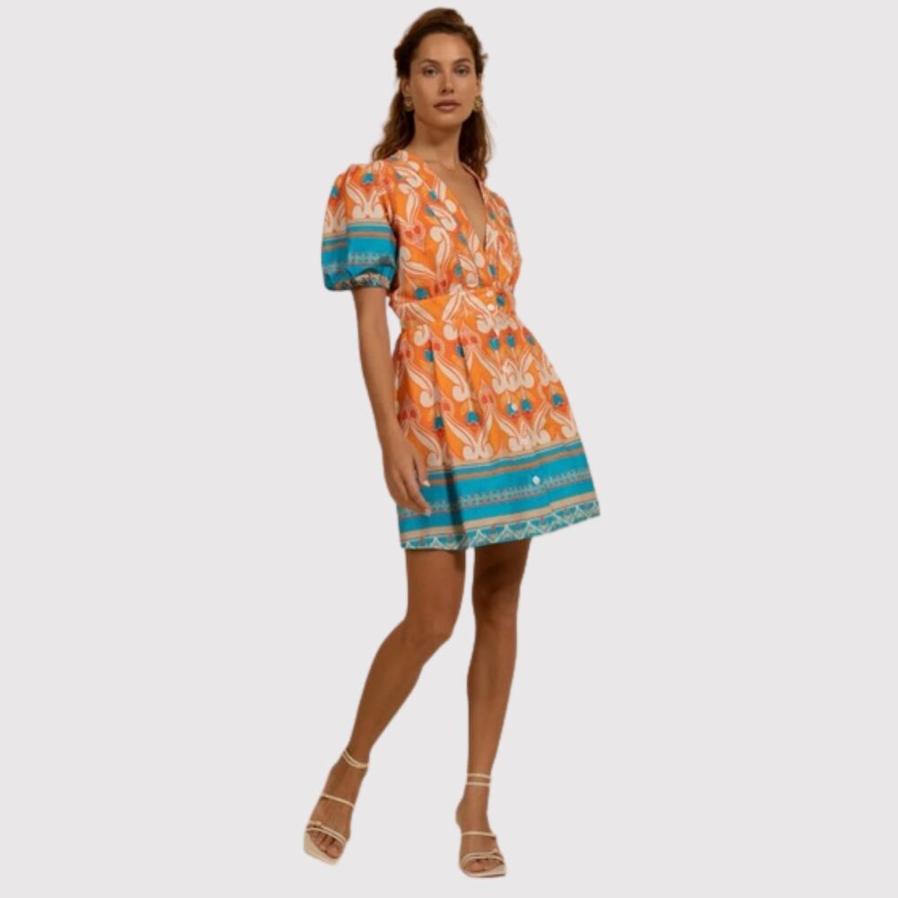 Kasia Mini Dress Orange Carina Printed V Neck Puff Sleeve A Line Resort Small